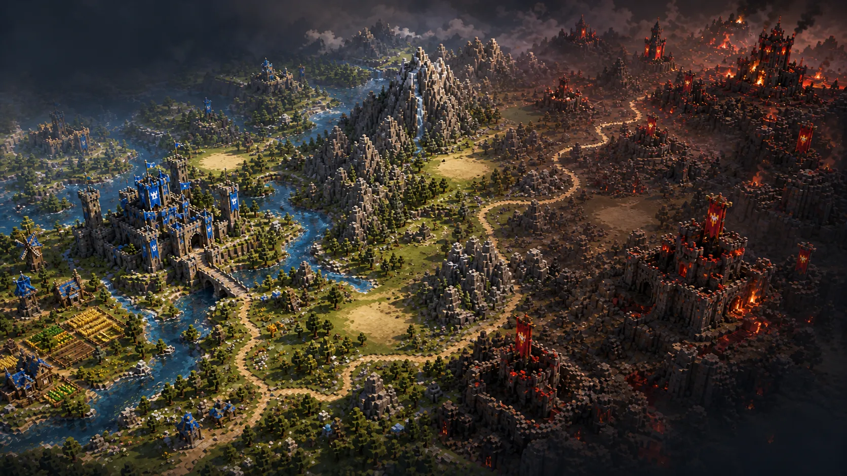 Two voxel kingdoms, one blue and one red, facing each other across a wide valley