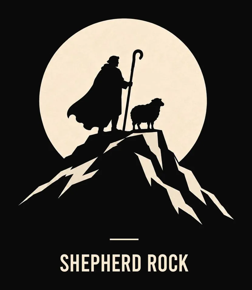 Shepherd Rock: a shepherd and a sheep on a mountain beneath a full moon