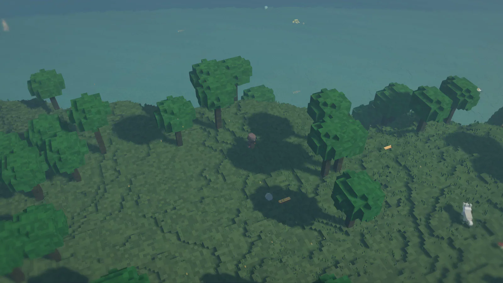 A tiny adventurer among cubic green trees on a grassy coast, with blue water and a sheep nearby.